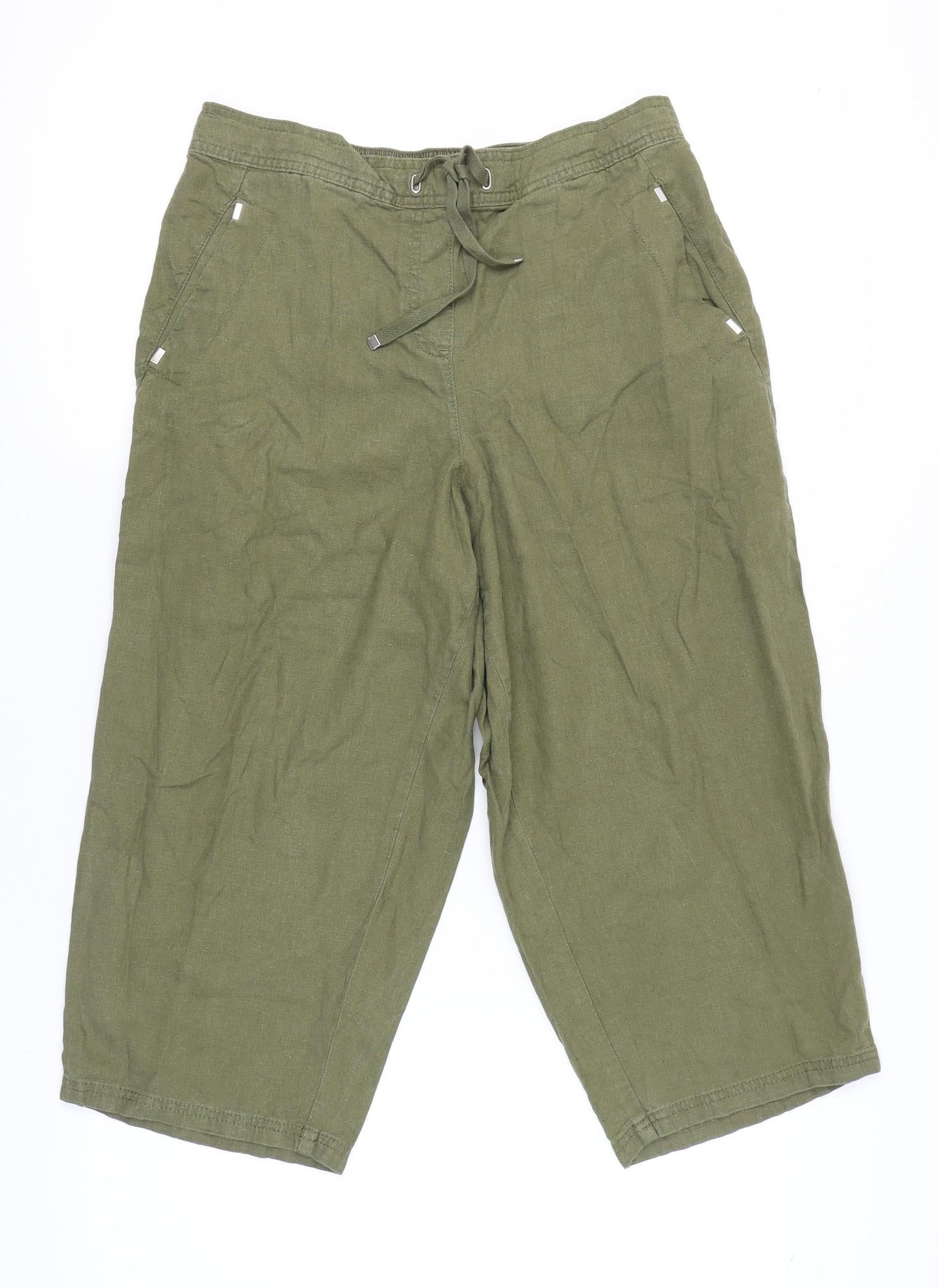 Evans Women’s Green Linen Blend Cropped Wide-Leg Trousers Size 14