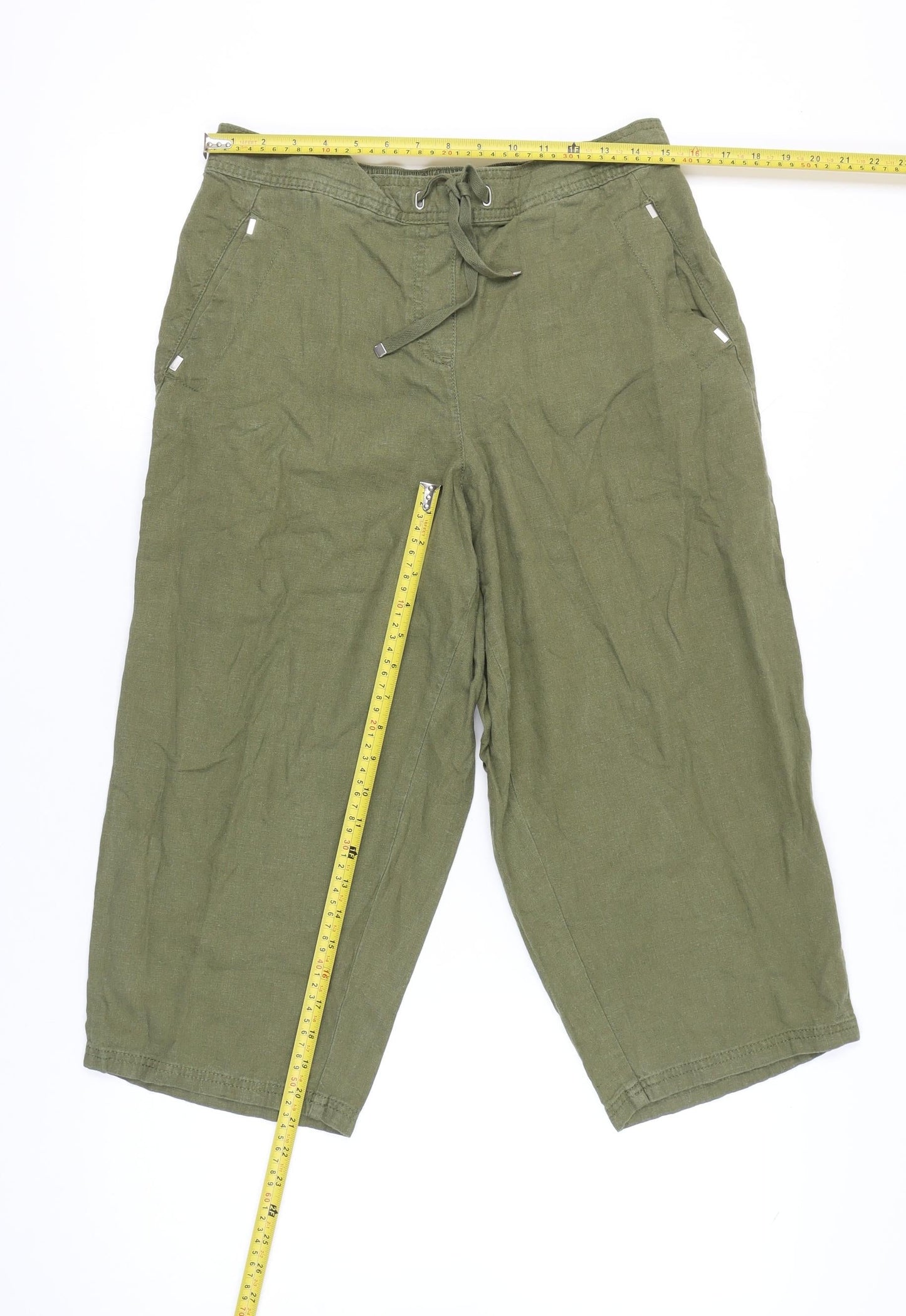 Evans Women’s Green Linen Blend Cropped Wide-Leg Trousers Size 14