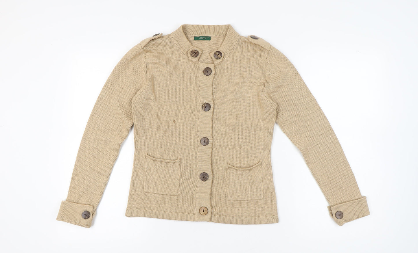 Sanye Womens Beige Cardigan Jumper S Crew Neck Long Sleeve Knit Casual