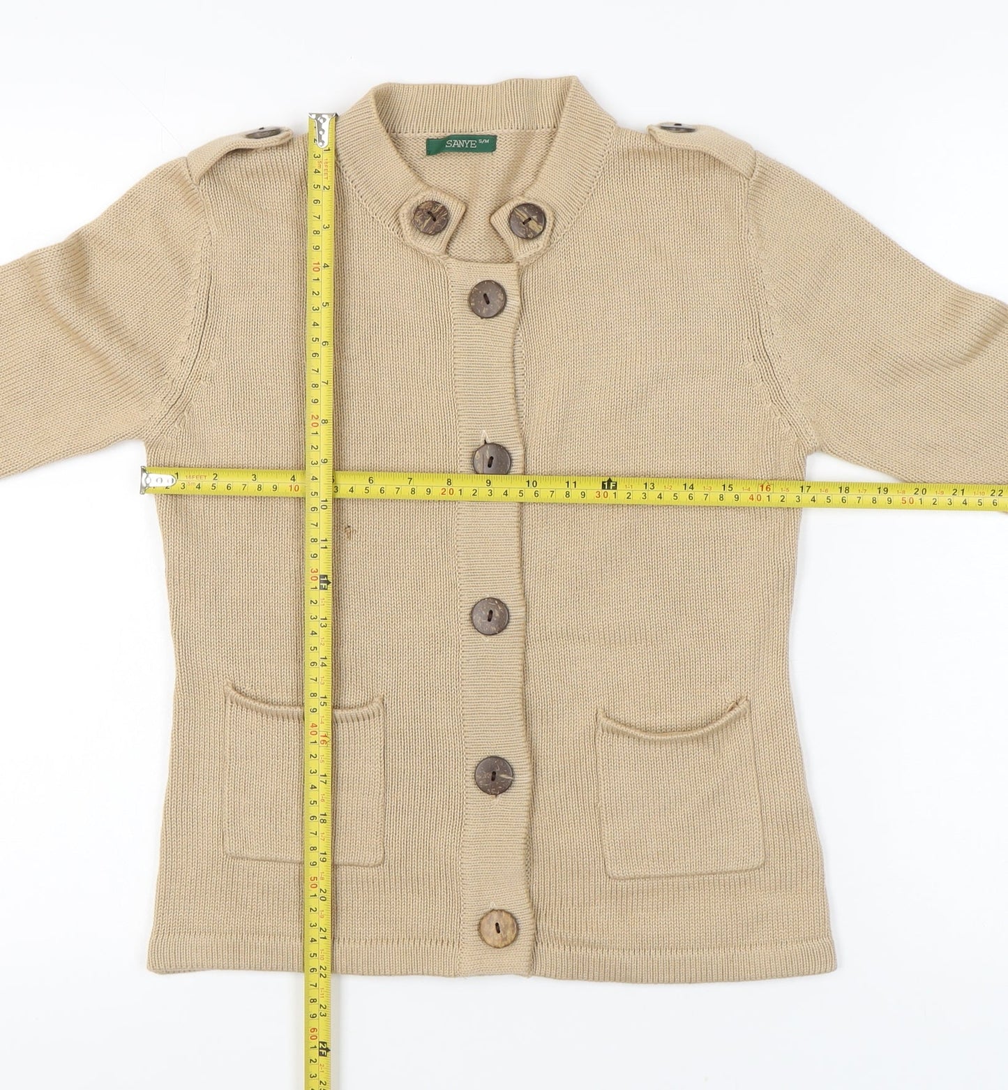Sanye Womens Beige Cardigan Jumper S Crew Neck Long Sleeve Knit Casual