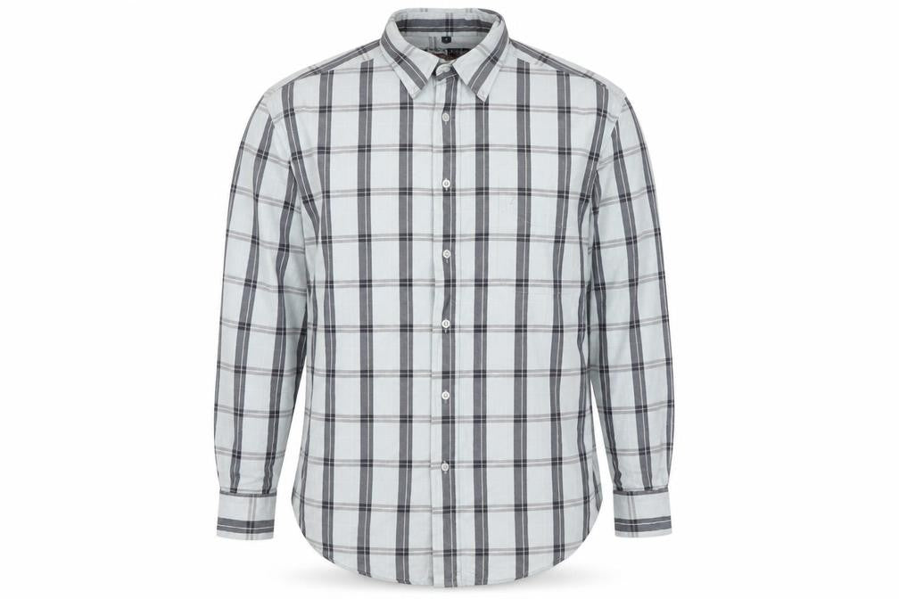 Front view of Jeff & Co Men’s Blue Check Cotton Button-Up Shirt, size S