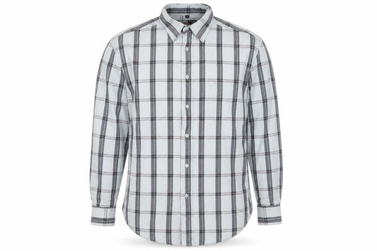 Front view of Jeff & Co Men’s Blue Check Cotton Button-Up Shirt, size S