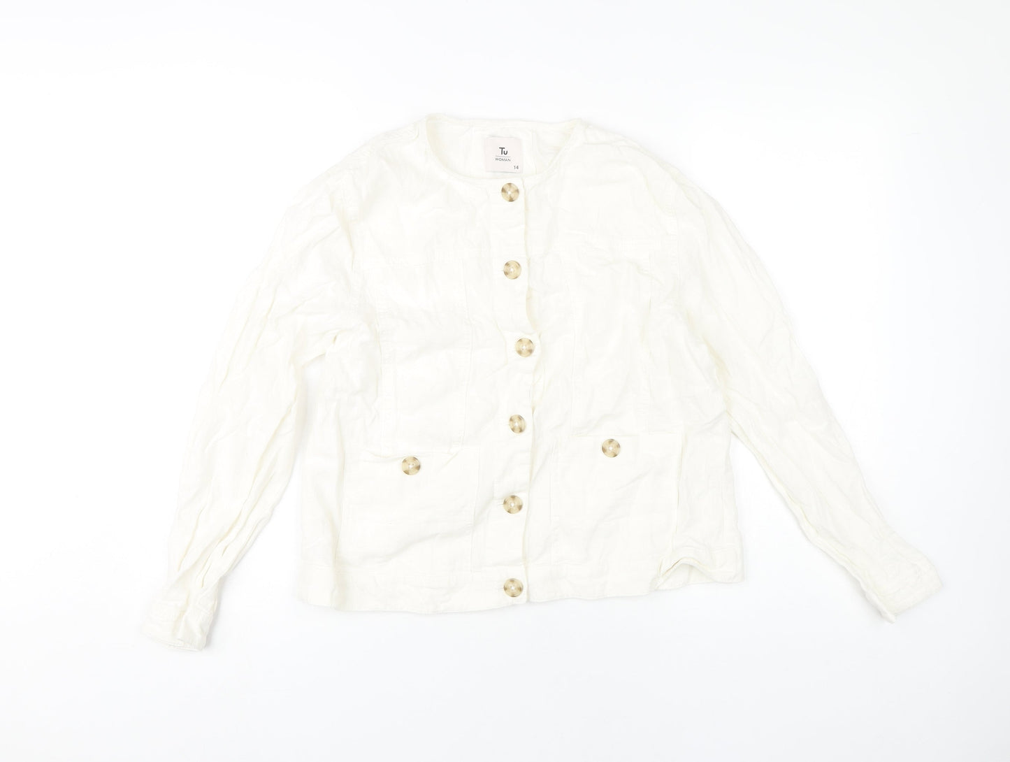 Tu Women Ivory Linen Viscose Button-Up Shirt Size 14 Long Sleeve