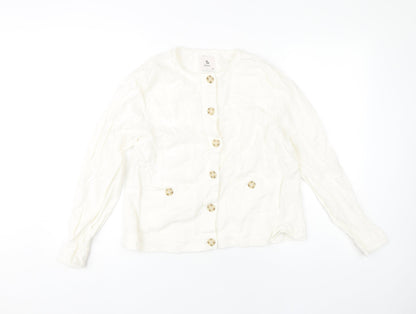 Tu Women Ivory Linen Viscose Button-Up Shirt Size 14 Long Sleeve