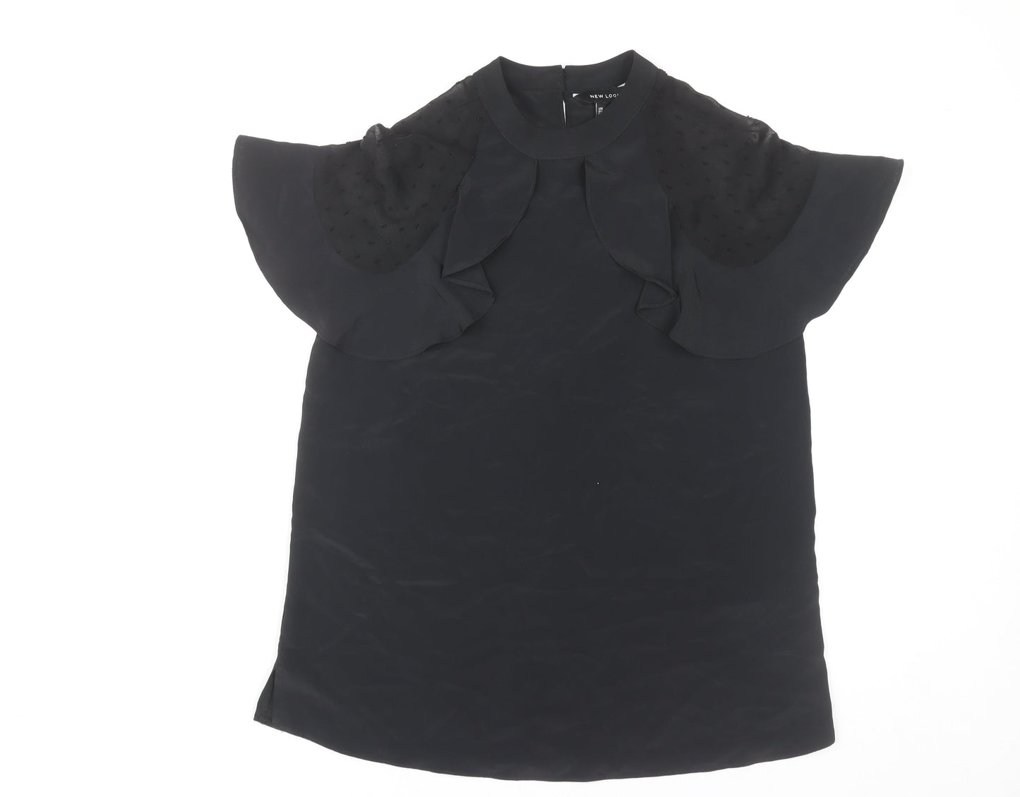 New Look Womens Black Blouse Size 8 Flutter Sleeve Tunic Top