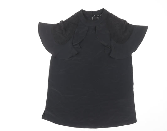 New Look Womens Black Blouse Size 8 Flutter Sleeve Tunic Top