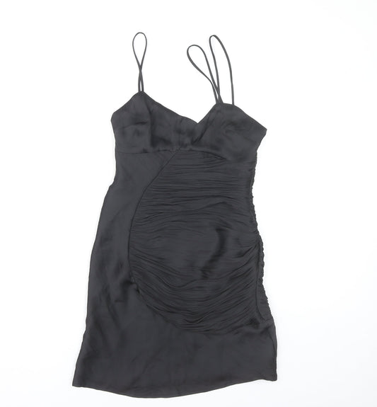 Zara Women Black XS Bodycon Ruched Strappy Cocktail Dress