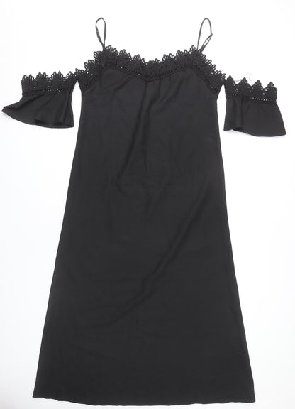 Boohoo Women Black Size 14 Cold Shoulder Crochet Midi Slip Dress
