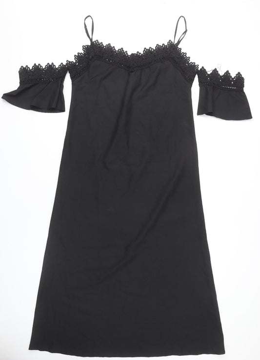 Boohoo Women Black Size 14 Cold Shoulder Crochet Midi Slip Dress