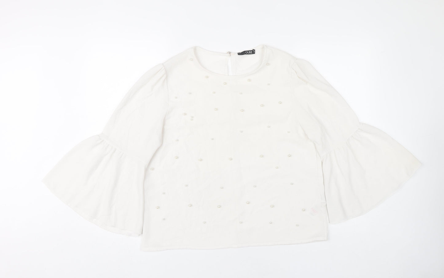 Quiz Women White Beaded Bell Sleeve Tunic Blouse Size M