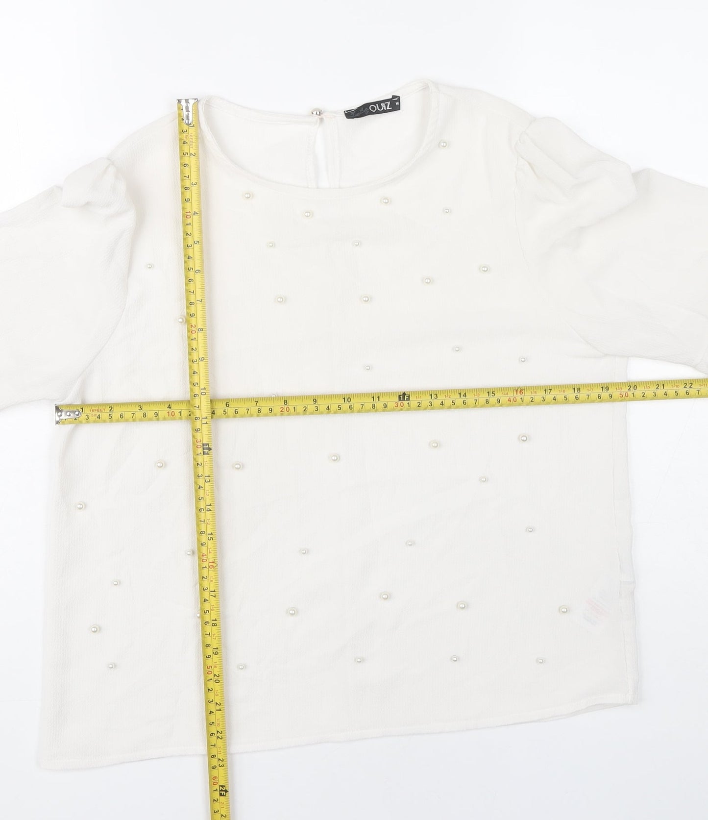 Quiz Women White Beaded Bell Sleeve Tunic Blouse Size M