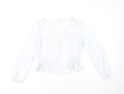 Topshop Women’s White Blouse UK 12 Long Sleeve V-Neck Ruffle