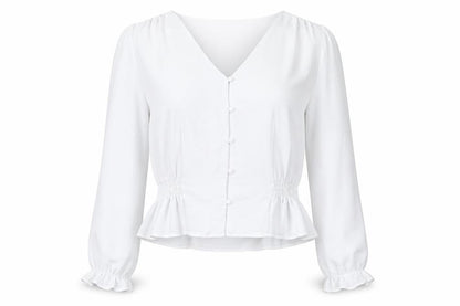 Topshop Women’s White Blouse UK 12 Long Sleeve V-Neck Ruffle