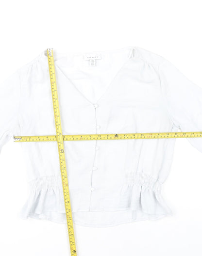Topshop Women’s White Blouse UK 12 Long Sleeve V-Neck Ruffle