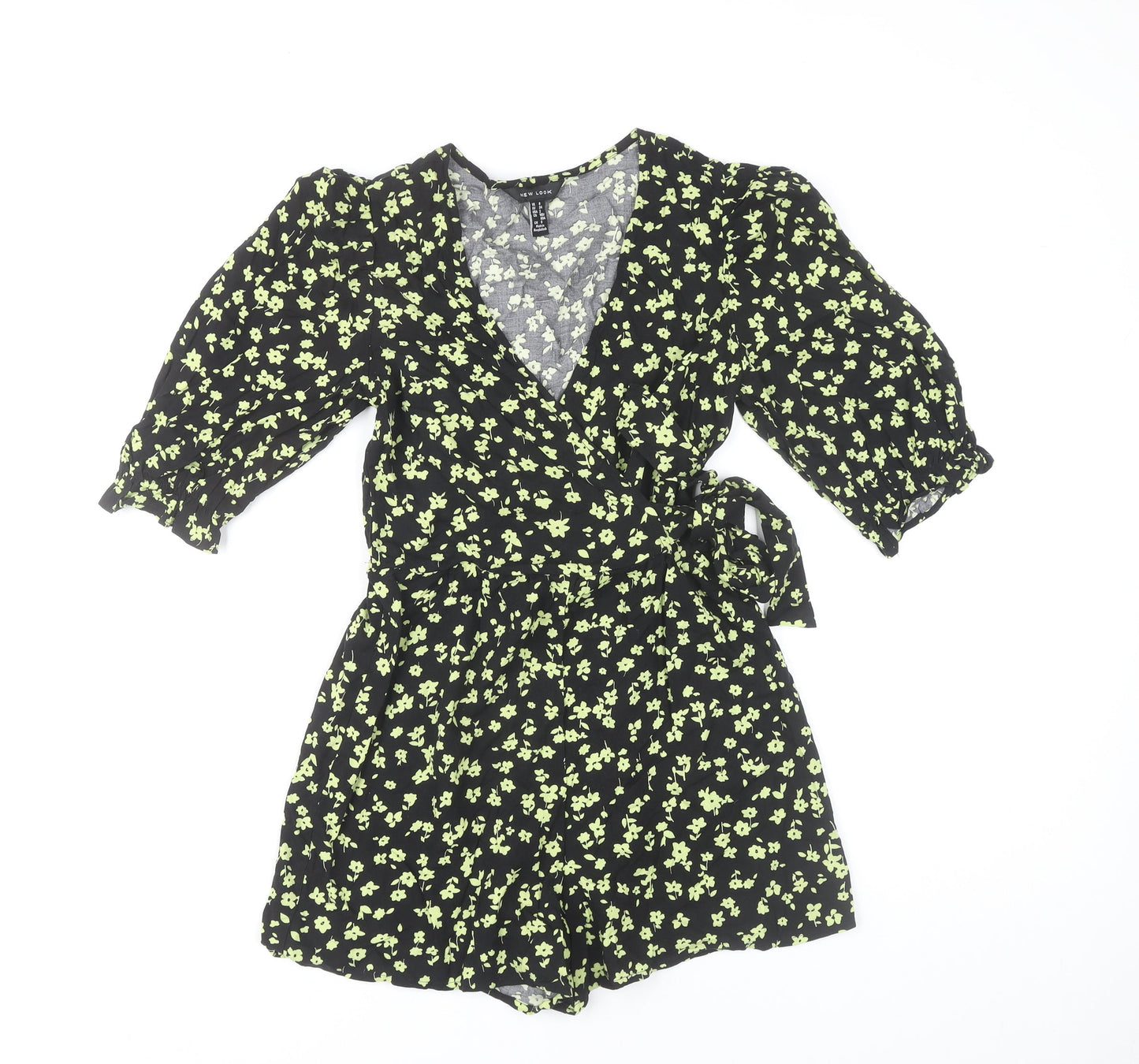 New Look Womens Black Floral Playsuit Size 6 Puff Sleeve V-Neck