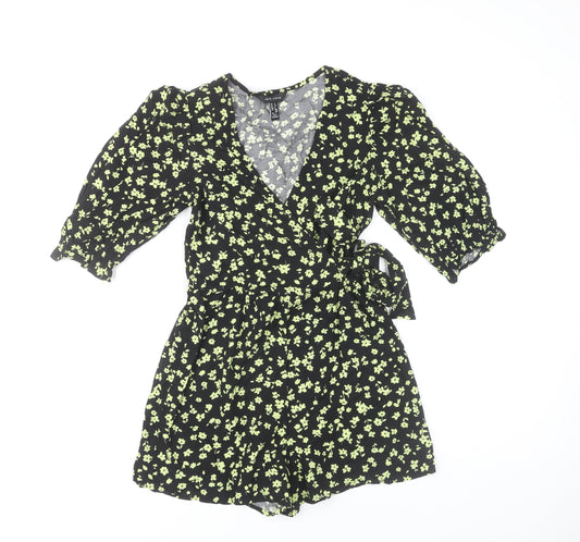 New Look Womens Black Floral Playsuit Size 6 Puff Sleeve V-Neck