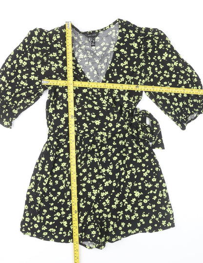 New Look Womens Black Floral Playsuit Size 6 Puff Sleeve V-Neck
