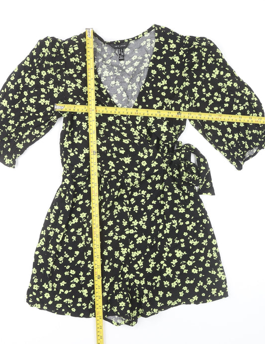 New Look Womens Black Floral Playsuit Size 6 Puff Sleeve V-Neck