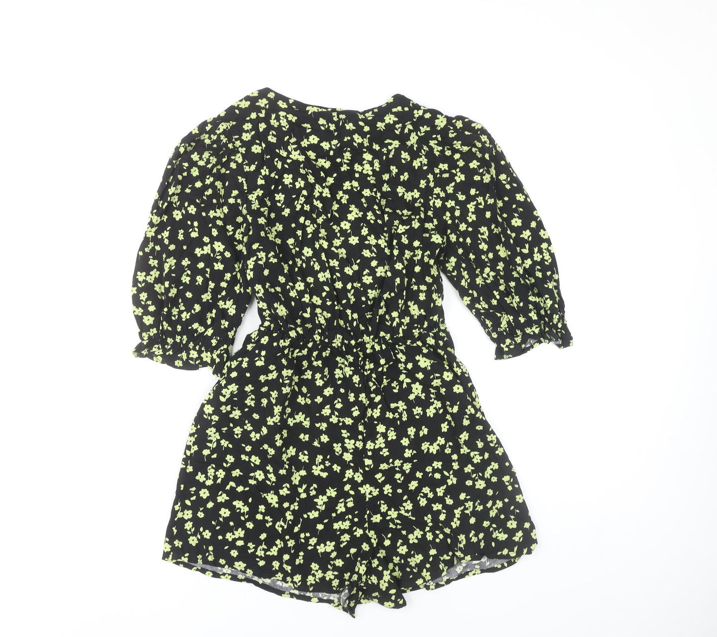 New Look Womens Black Floral Playsuit Size 6 Puff Sleeve V-Neck