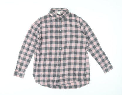 H&M Womens Pink Grey Checked Button-Up Shirt Size 10 Cotton
