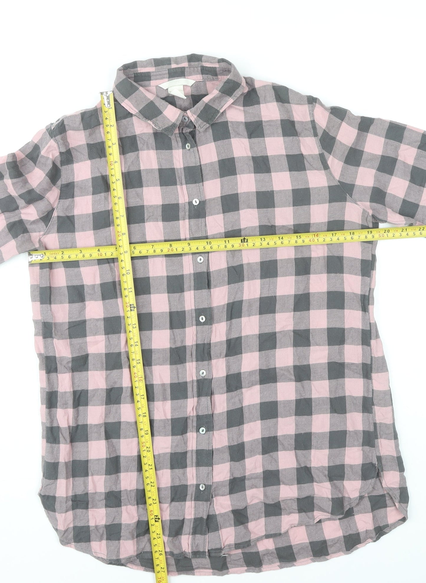 H&M Womens Pink Grey Checked Button-Up Shirt Size 10 Cotton