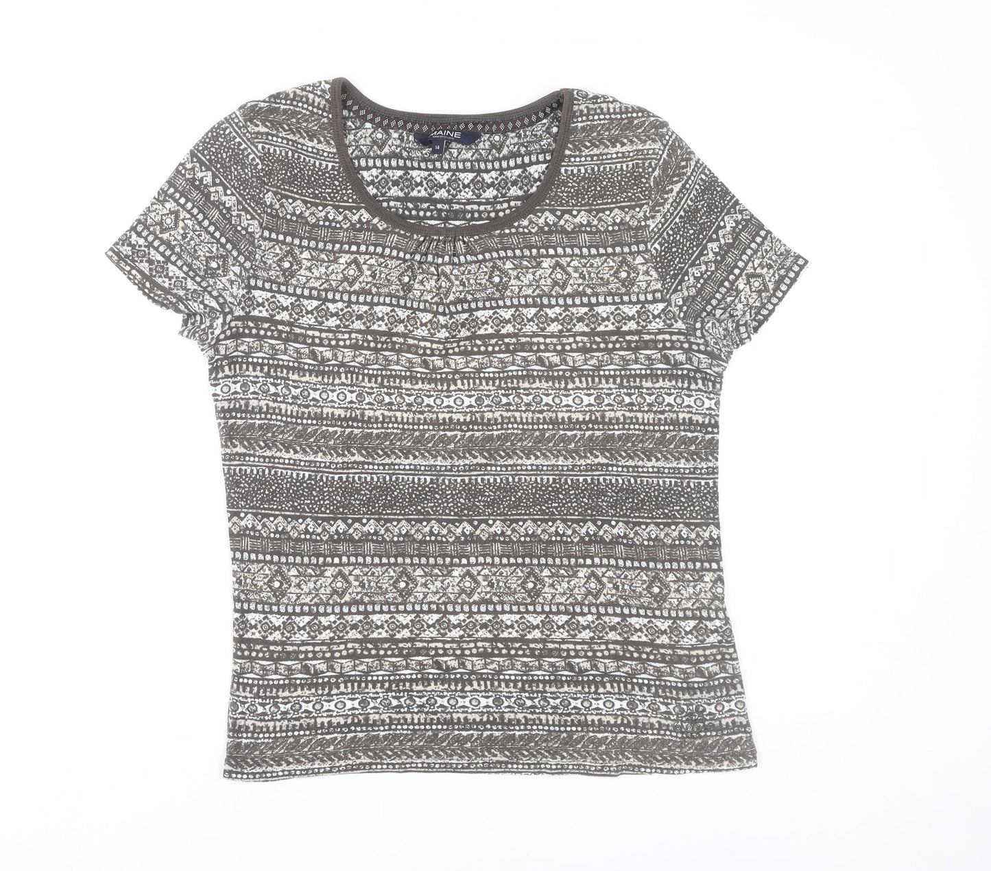 Maine New England Womens Brown Geometric Cotton T-Shirt Size 14