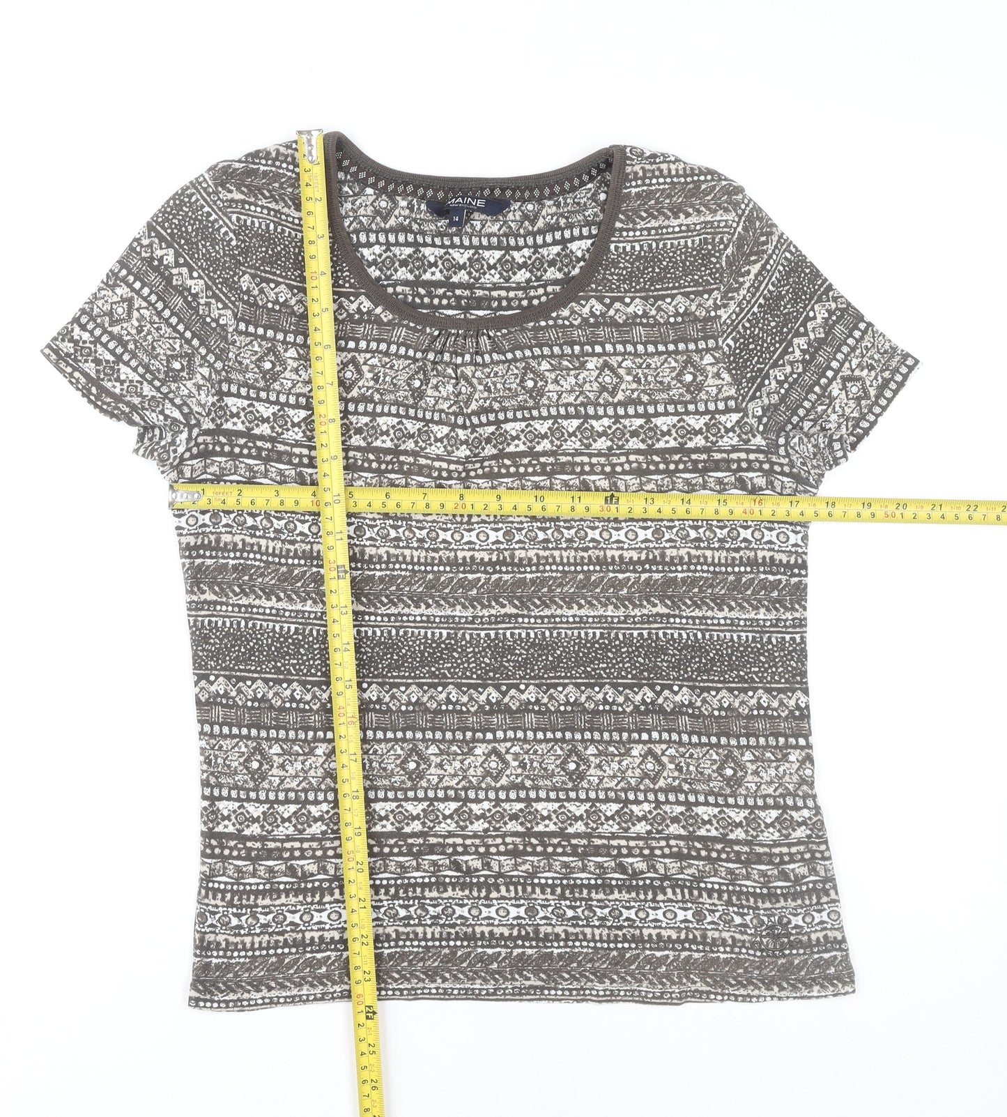 Maine New England Womens Brown Geometric Cotton T-Shirt Size 14