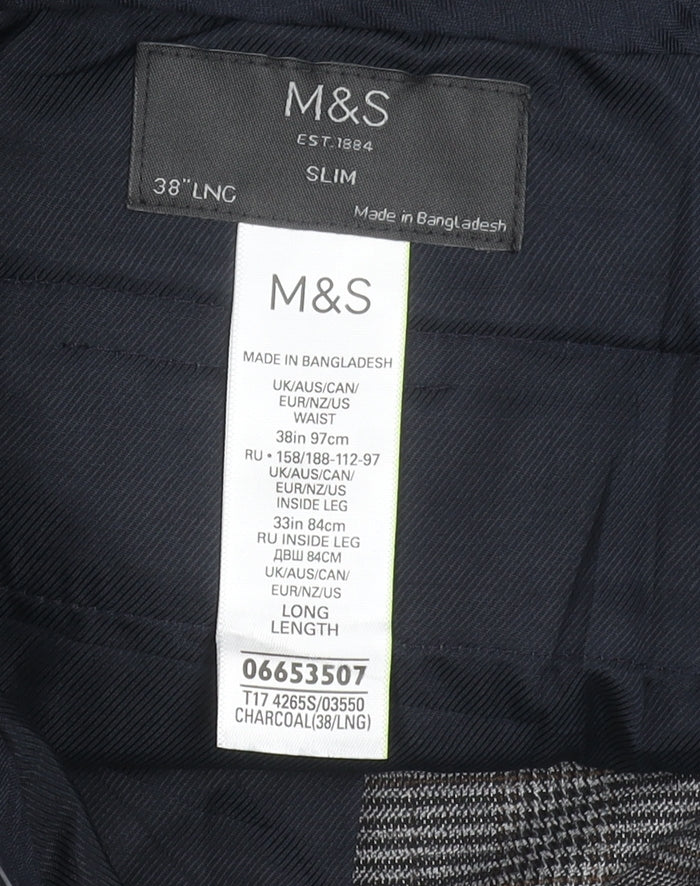 Marks and Spencer Men's Grey Check Slim Fit Dress Pants 38W 33L