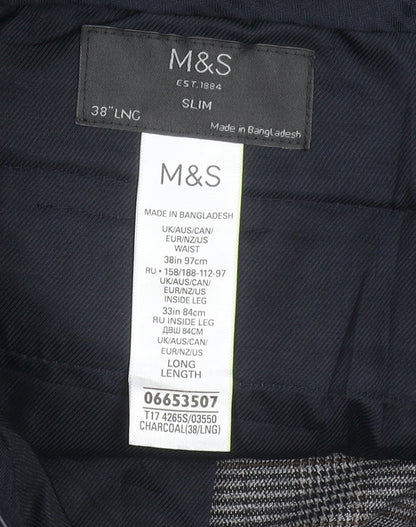 Marks and Spencer Men's Grey Check Slim Fit Dress Pants 38W 33L