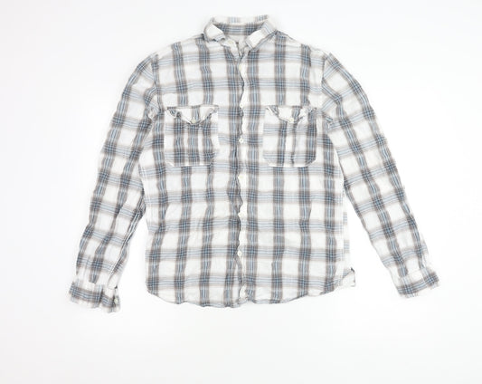 M&Co Womens Blue Check Cotton Button Up Shirt Size S Long Sleeve