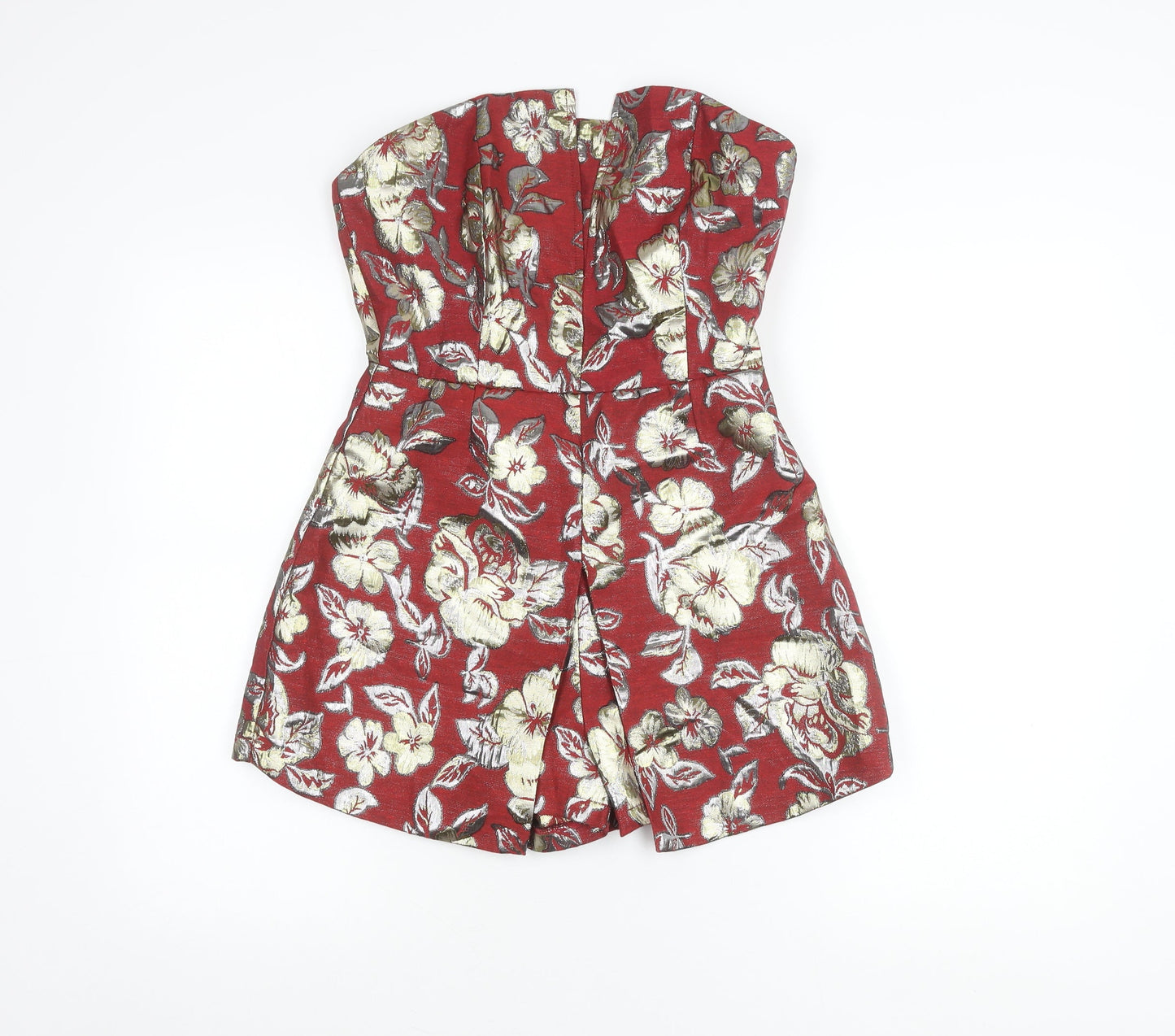 Boohoo Women’s Red Floral Metallic Strapless Playsuit Size 10