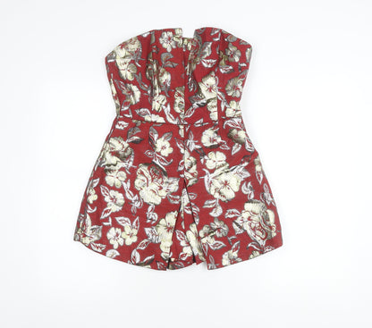 Boohoo Women’s Red Floral Metallic Strapless Playsuit Size 10
