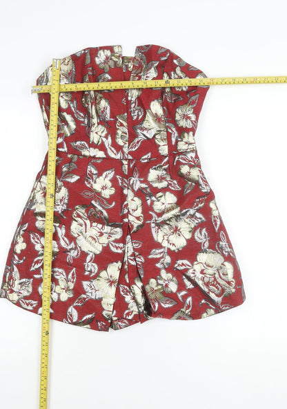 Boohoo Women’s Red Floral Metallic Strapless Playsuit Size 10