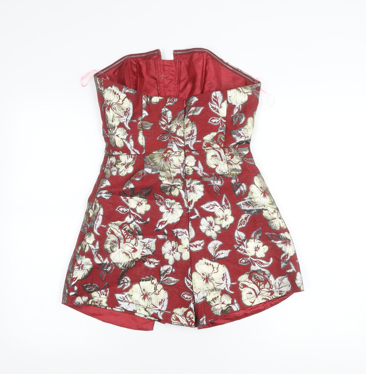 Boohoo Women’s Red Floral Metallic Strapless Playsuit Size 10