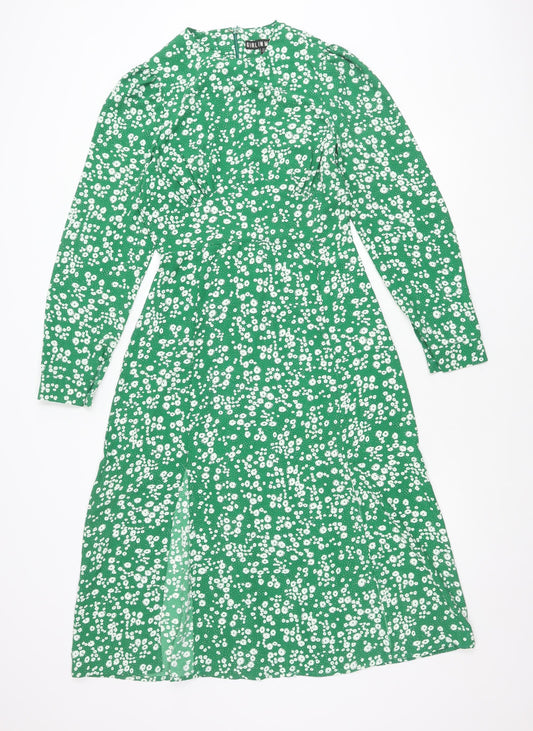 Girl In Mind Women’s Green Floral Midi Dress Size 8 Fit & Flare Long Sleeve