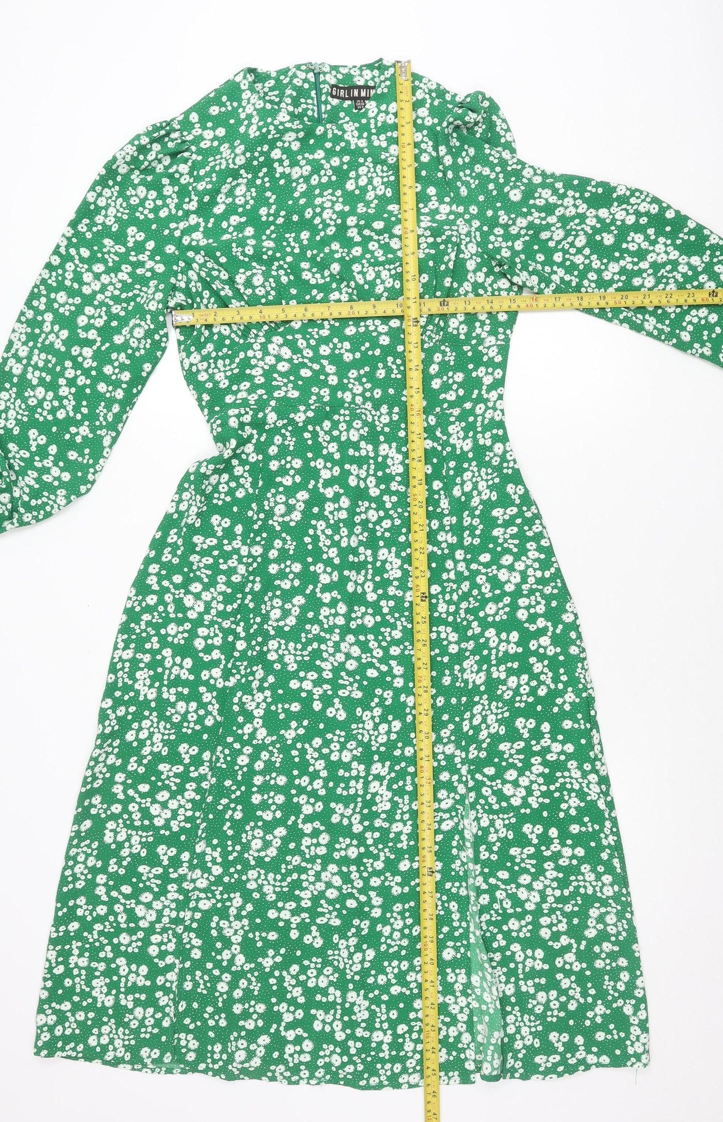 Girl In Mind Women’s Green Floral Midi Dress Size 8 Fit & Flare Long Sleeve