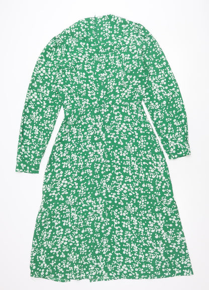 Girl In Mind Women’s Green Floral Midi Dress Size 8 Fit & Flare Long Sleeve