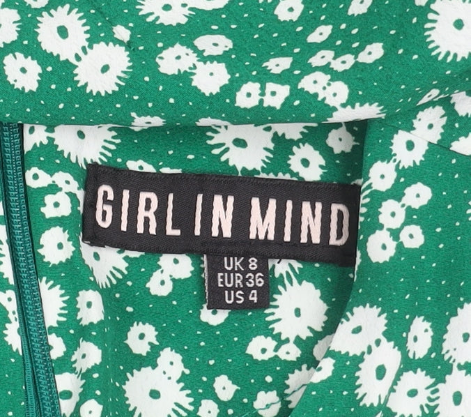 Girl In Mind Women’s Green Floral Midi Dress Size 8 Fit & Flare Long Sleeve