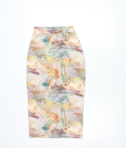 PrettyLittleThing Women’s Multicoloured Art Print Stretch Pencil Skirt Size 8