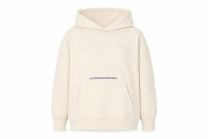 Front view of Stampd unisex beige pullover hoodie, size 12, graphic botanical print