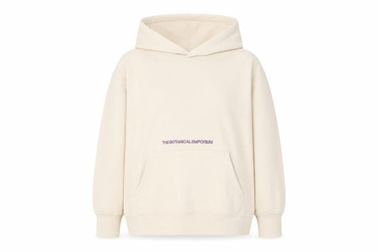 Front view of Stampd unisex beige pullover hoodie, size 12, graphic botanical print