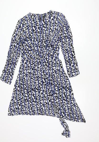 River Island Womens Black Blue Animal Print Asymmetric Wrap Dress Size 8