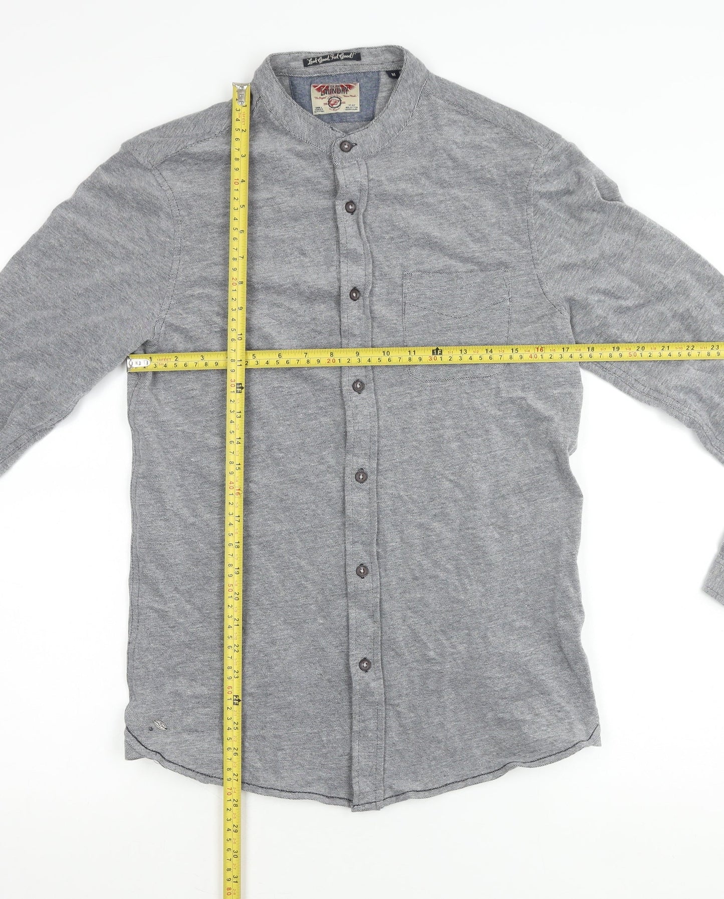 Tokyo Laundry Men’s Grey Cotton Band Collar Long Sleeve Shirt M