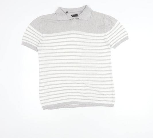 Adolfo Dominguez Men’s Grey Striped Polo Shirt Size M Cotton