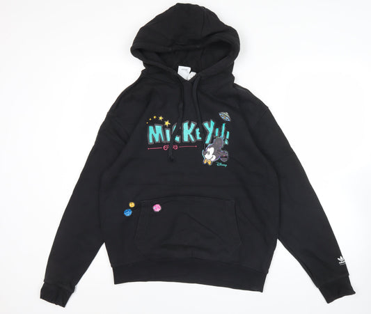 Front view of Adidas Disney men’s black hoodie m mickey mouse graphic pullover