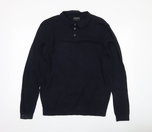 Jeff & Co Mens Black Cotton Collared Pullover Jumper L Long Sleeve