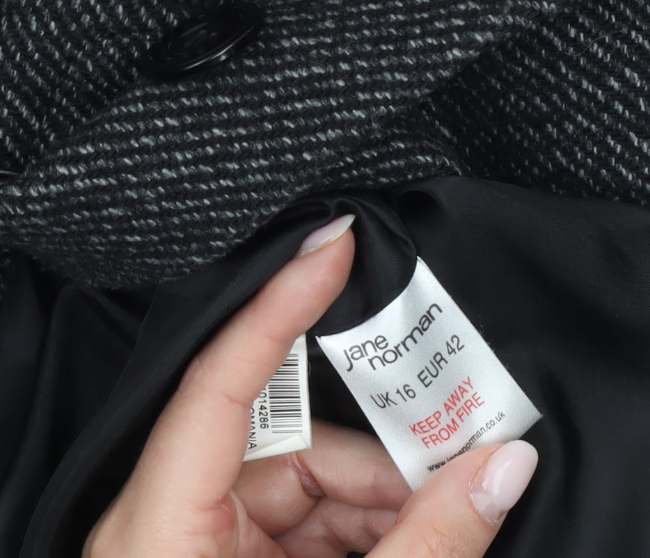 Jane Norman Womens Black Herringbone Mid-Length Coat UK 16