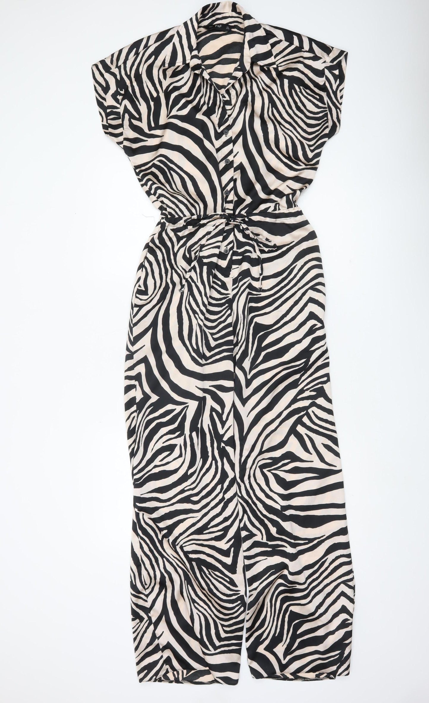 F&F Women’s Black Beige Animal Print Collared Wide Leg Jumpsuit Size 8