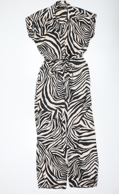 F&F Women’s Black Beige Animal Print Collared Wide Leg Jumpsuit Size 8