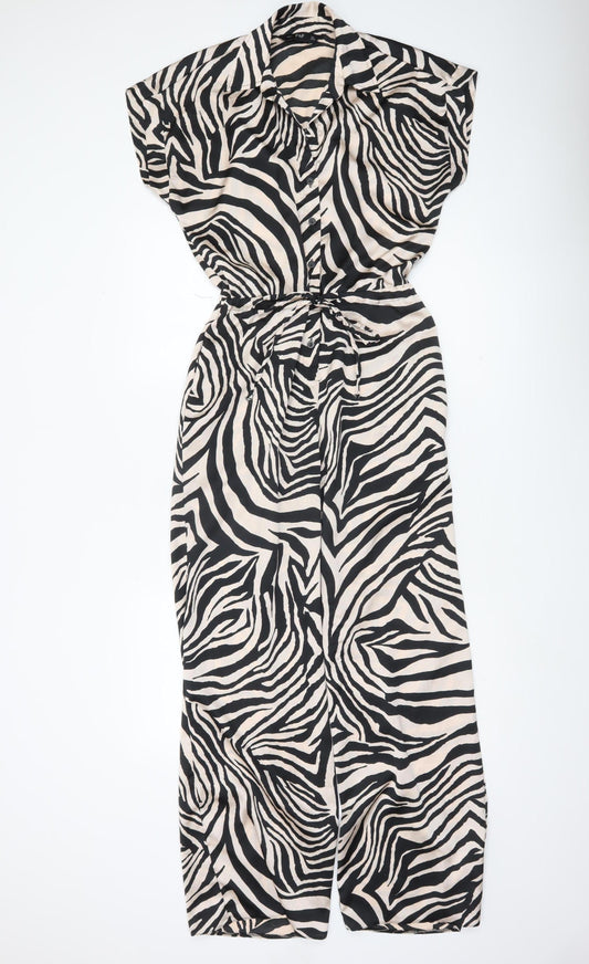 F&F Women’s Black Beige Animal Print Collared Wide Leg Jumpsuit Size 8